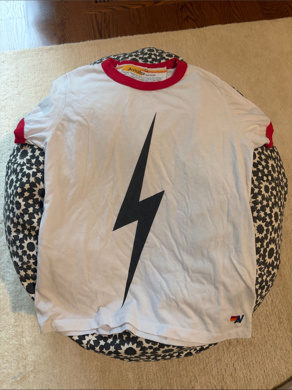 Aviator Nation White Tee with Black Lightning Bolt and Red Trim